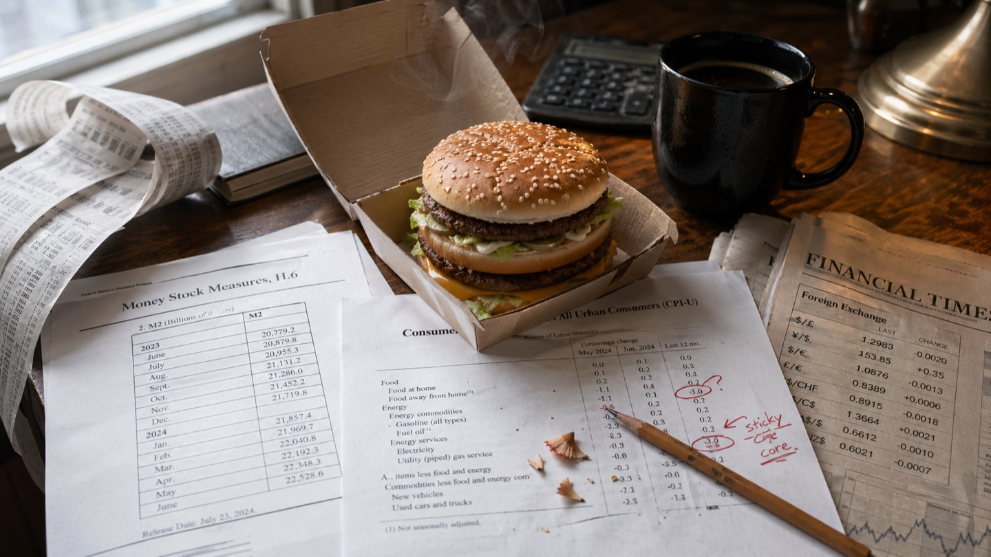 A Big Mac in an open box on a newsroom desk, surrounded by a Federal Reserve H.6 release, a CPI printout marked up in red pen, a folded financial newspaper, and a curling ticker-tape printout — editorial still life.